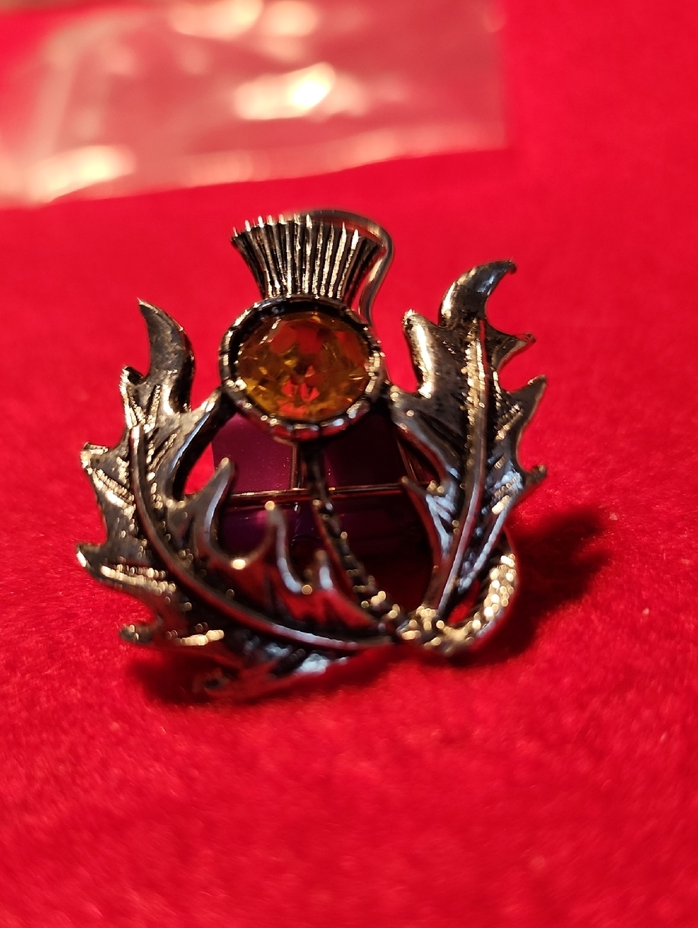 Vintage Silver Thistle Brooch with Amber Stones - Women Jewelry